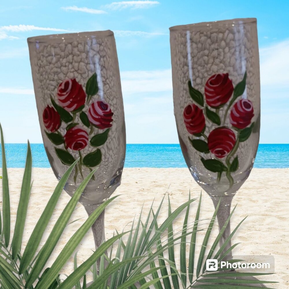 8" Hand Painted Wine Glasses – Roses – Romantic Set of 2 - Picture 3 of 8